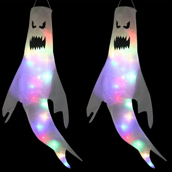 2Pcs Halloween Hanging Ghost Windsock Outdoor Holiday Party Decoration with Led Lights