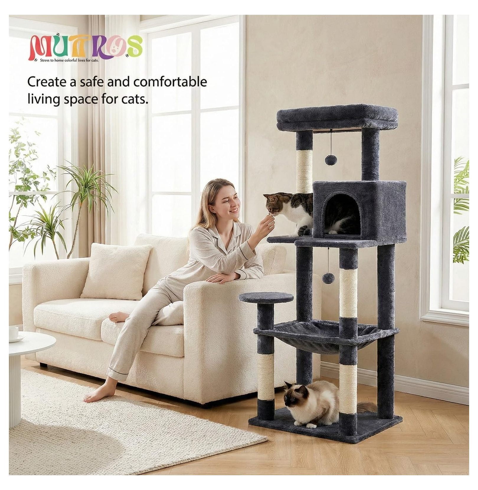 Cat Tree for Large Cats, 56.3" Tall Cat Tower with Hammock