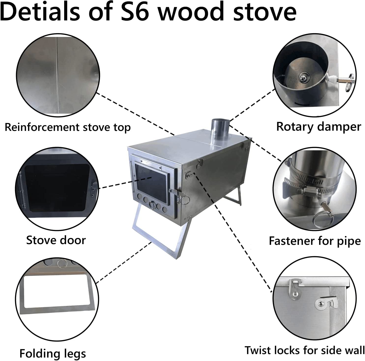 DANCHEL S6 Portable Folding Wood Stove Stainless Steel Hot Tent Stoves for Outdoor Camping Cooking