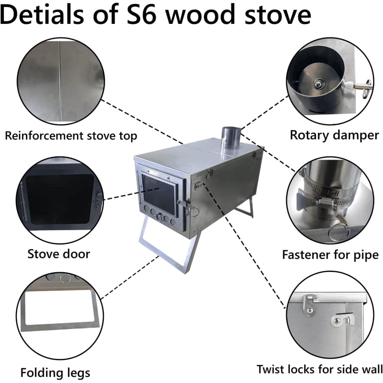 DANCHEL S6 Stainless Steel Portable Tent Stove Folding Wood Stoves with  7.2ft Pipe for Outdoor Camping Cooking Warming - Walmart.com