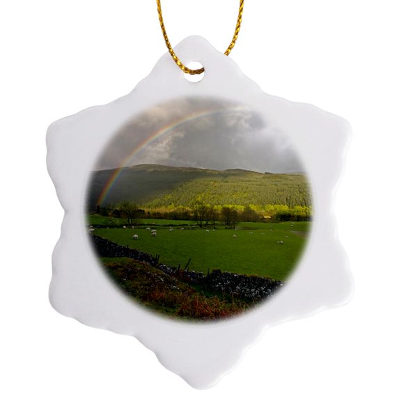 3drose, Scotland, Scottish Highlands, Rainbow, Sheep - Eu36 Dsl0002 - David Slater, 3 inch Snowflake Porcelain Ornament