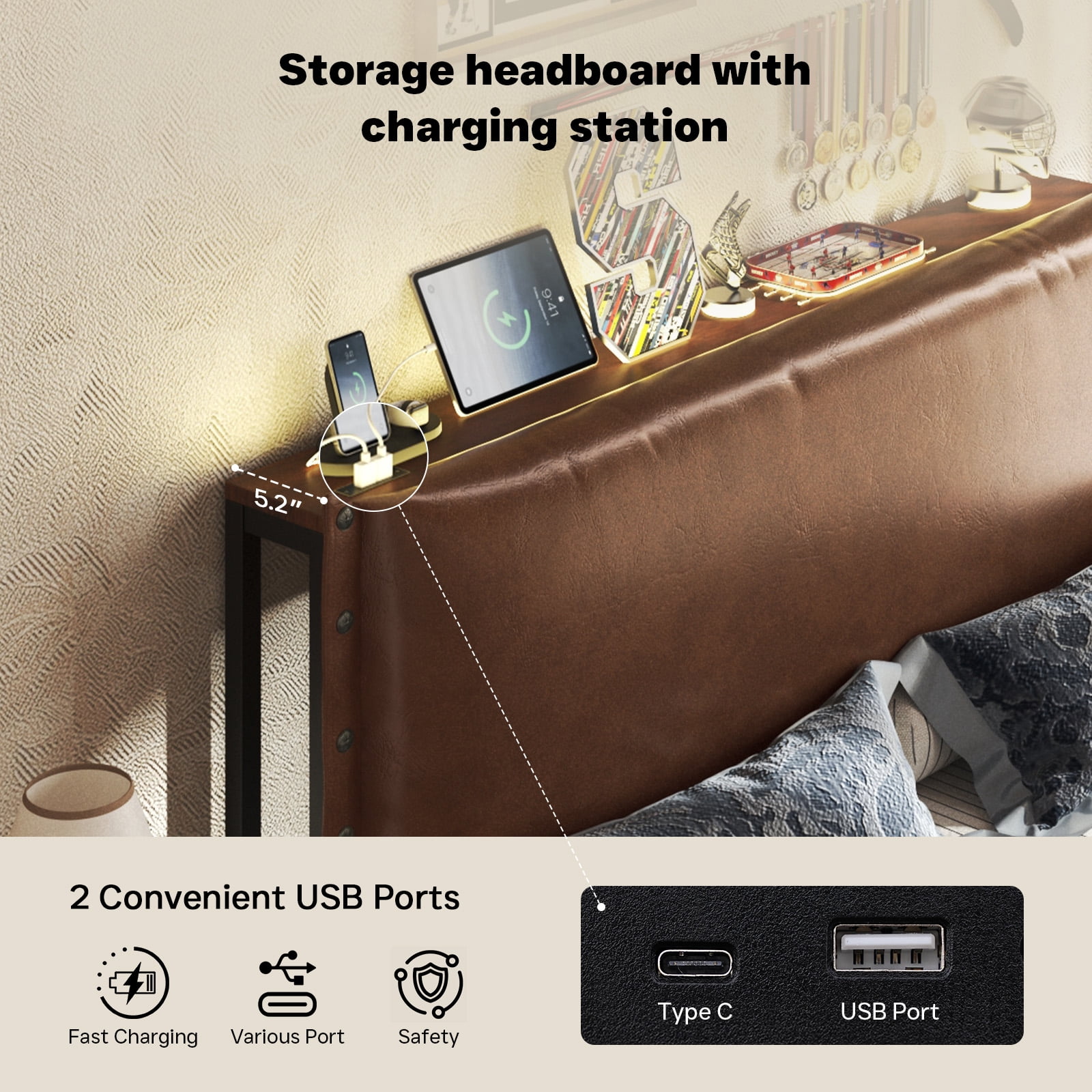 Patbrela Headboard Full Size, Luxury Oil-Waxed Leather Upholstered Headboard with Adjustable Height Headboard from 42.1" to 46.1", Brown