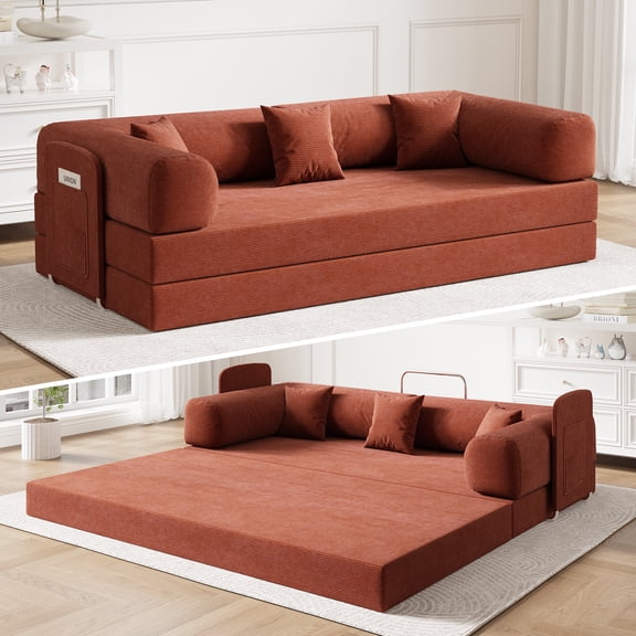 Zoopower 79" Floor Sofa Bed, Convertible Corduroy Sleeper Couch Bed for Living Room, Foldable Boneless Loveseat Couch for Small Space, Orange