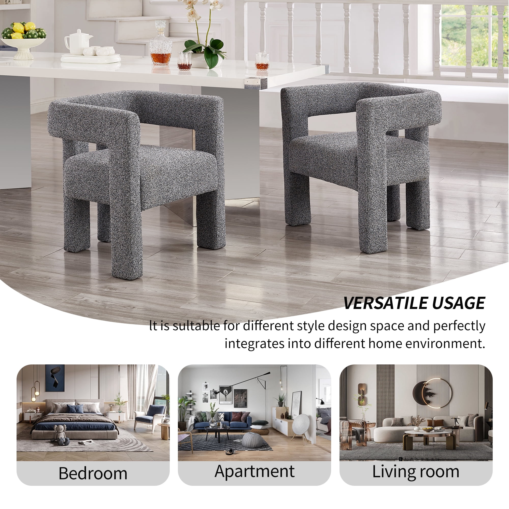 Mid Century Modern Dining Chairs with Arms, Upholstered Accent Chair for Living Room, Gray Dining Chair