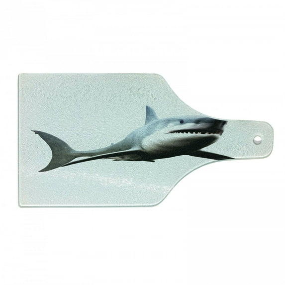 Shark Cutting Board, Digital Illustration of Wild Sea Creature Character Computer Art Artifical Image, Tempered Glass Cutting and Serving Board, Wine Bottle Shape, Blue Grey White, by Ambesonne