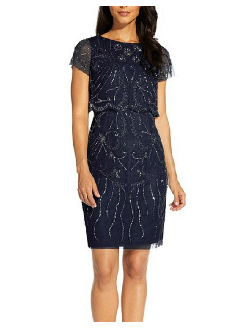 ADRIANNA PAPELL Womens Navy Beaded Zippered Scalloped Overlay