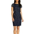thumbnail image 2 of ADRIANNA PAPELL Womens Navy Beaded Zippered Scalloped Overlay Short Sleeve Boat Neck Above The Knee Party Sheath Dress 6, 2 of 3