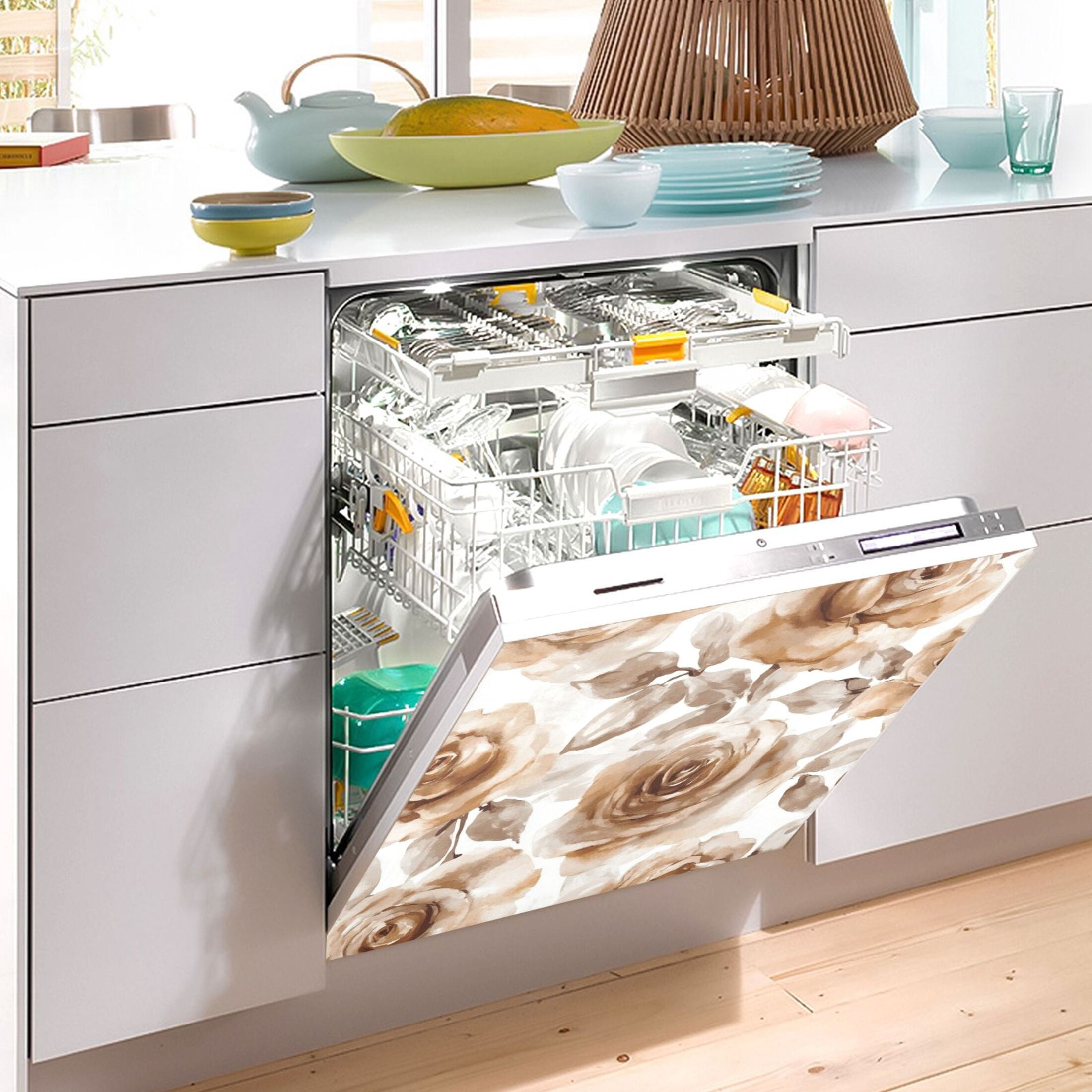 Dishwasher Magnetic Sticker 23x26 Inch Refrigerator Magnetic Sticker Washing Machine Magnetic Sticker Kitchen Panel Magnetic Sticker Home Decor Cartoon Brown Roses Seamless