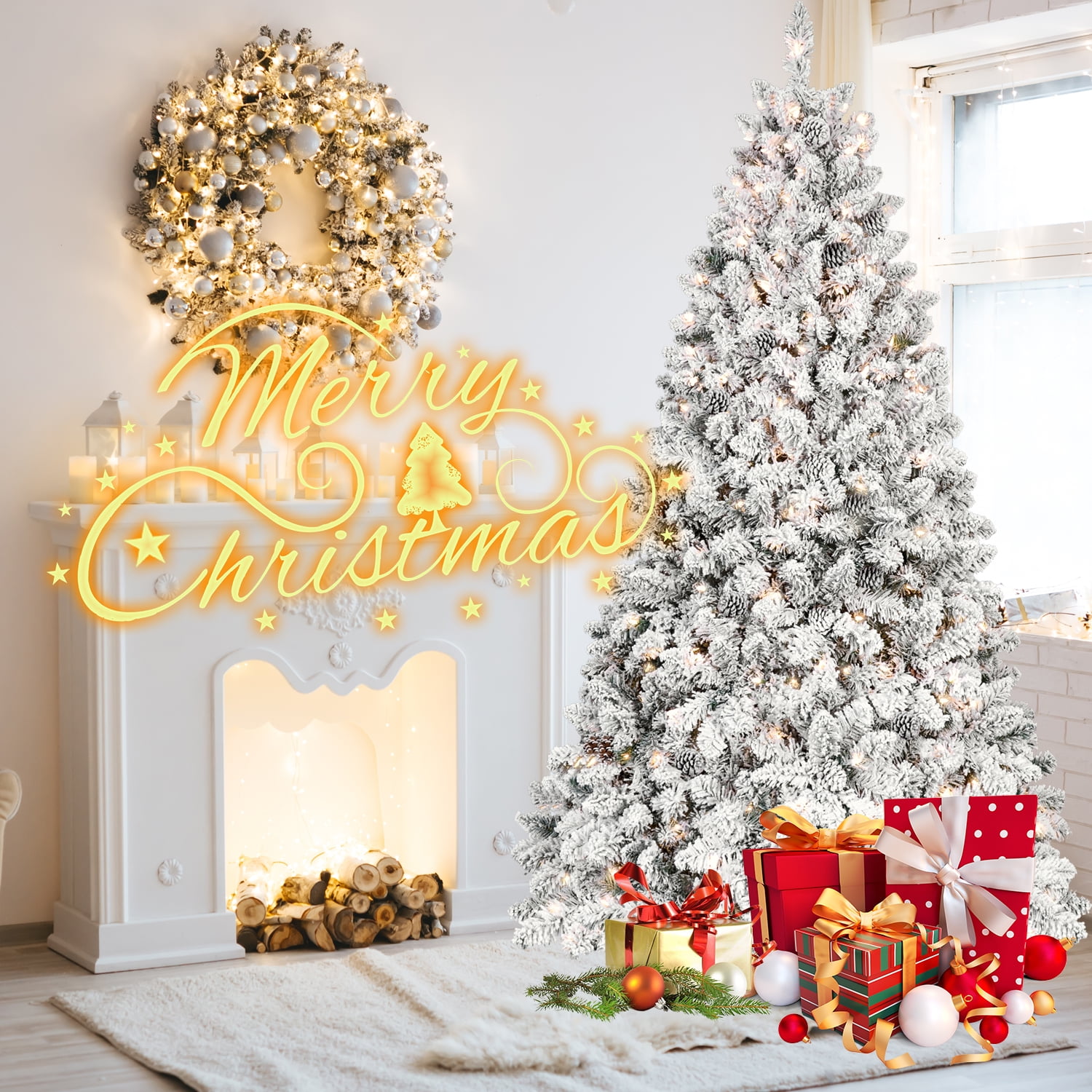 5 Ft Flocked Christmas Tree with 300 UL Lights and 27 Natural Pine Cones, Snowy PVC Tips, 600 Tips, Hinged Structure, Stable Metal Stand, Easy Setup