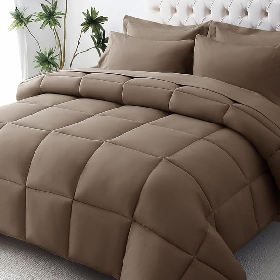 Twin Comforter Set, 5-Piece Ultra-Soft Bed in a Bag with Down Alternative Comforter, Brown