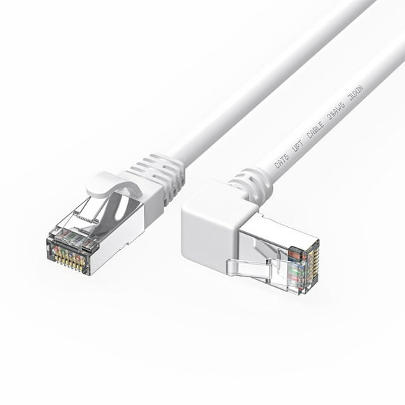JUXINICE Cat6 Ethernet Calbe 90 Degree RightAngle Downward White Ethernet Cable Right Angle RJ45 cat 6 ethernet Patch Cable High Speed Network Patch Cable -30feet