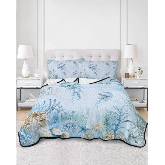 Quilts Queen Size Bedding Set, Jellyfish Coastal Reversible Summer Quilt 3 Pieces, Nautical Seaside Coral Starfish Conch Lightweight Bedspreads Coverlets with 2 Pillow Shams for All Seasons