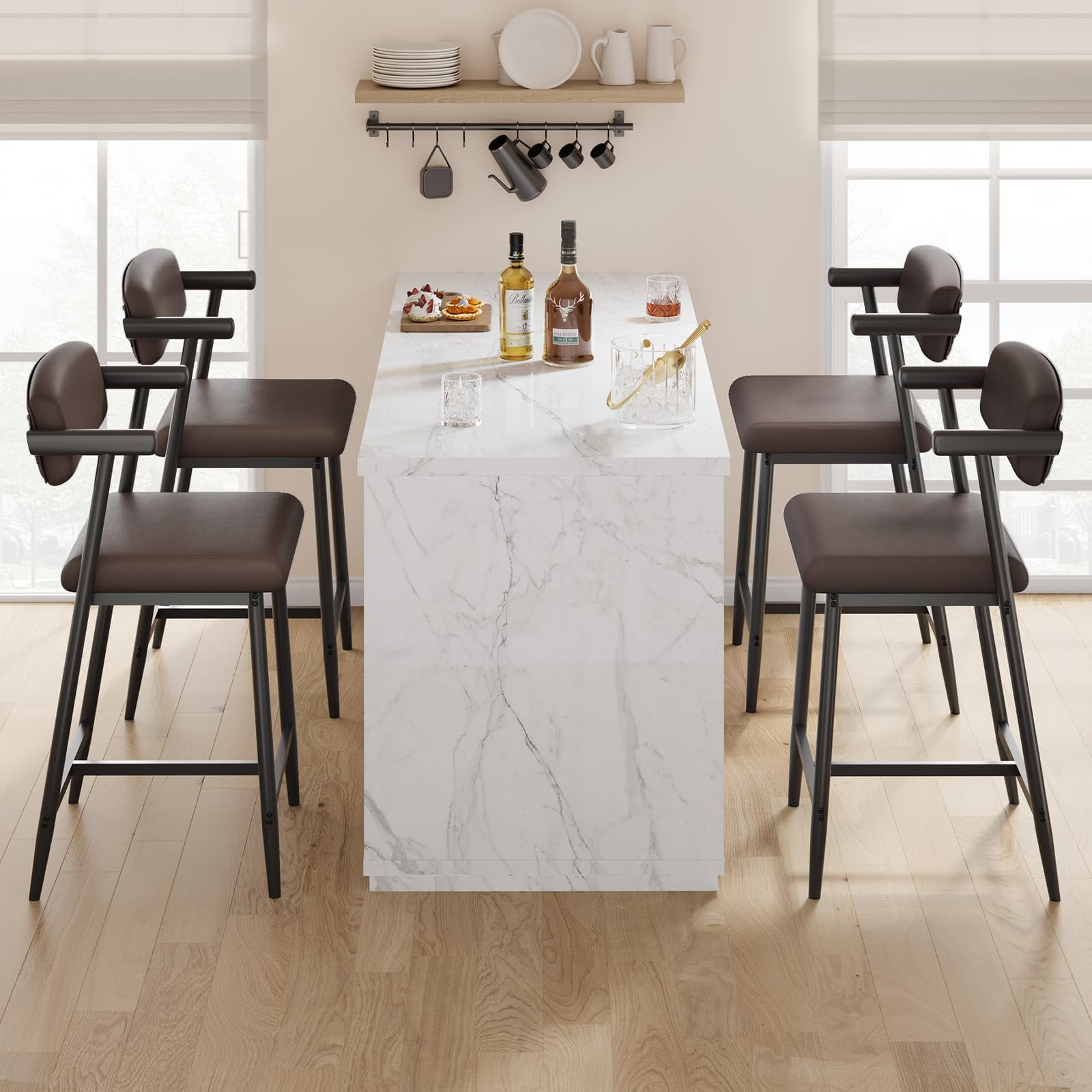 Towallmark 26.5 " Upholstered Counter Height Barstools, Wider Thickened Cushion Bar Stools Set of 4 with Armrest, Brown Leather