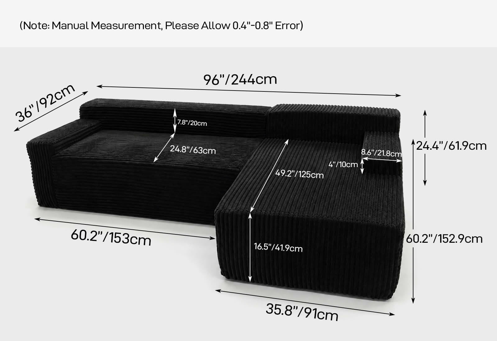 MAYEERTY 96" Black Corduroy Boneless L-Shaped Cloud Sectional Sofa, Compressed No Assembly Couch for Small Living Room