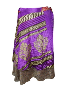 Mogul Women Purple Wrap Skirt 2 Layer Printed Vintage Sari Reversible Beach Wear Magic Wrap Around Skirts