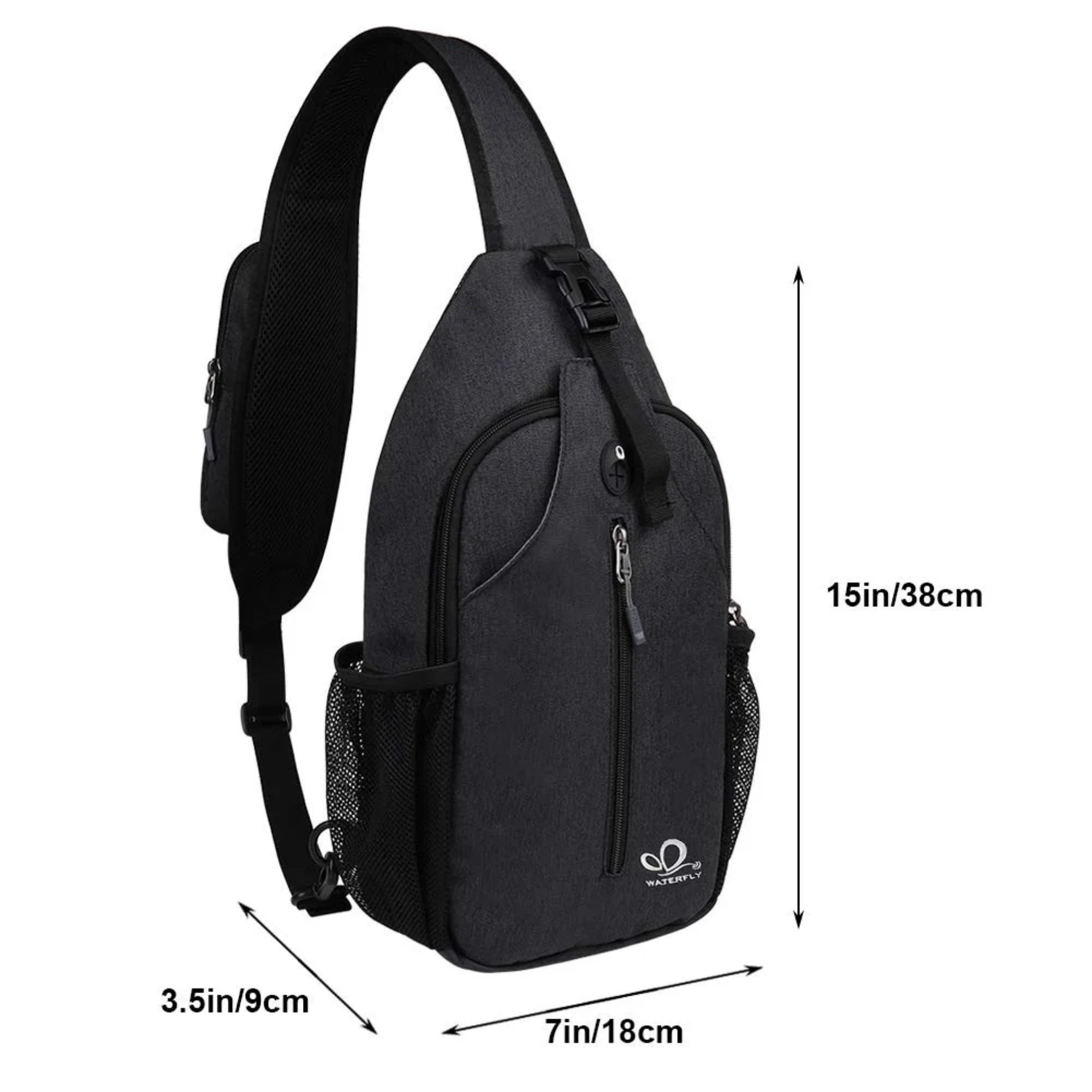 WATERFLY Unisex Hiking Travel Nylon Sling Bag Cross-Body Shoulder Chest Bag,Black
