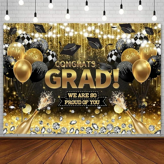 Congrats Grad Backdrop Black Gold Diamond Graduation Photography Background Class of 2023 Celebration Prom Party Decorations Congratulations on Graduation Banner Photoshoot Props