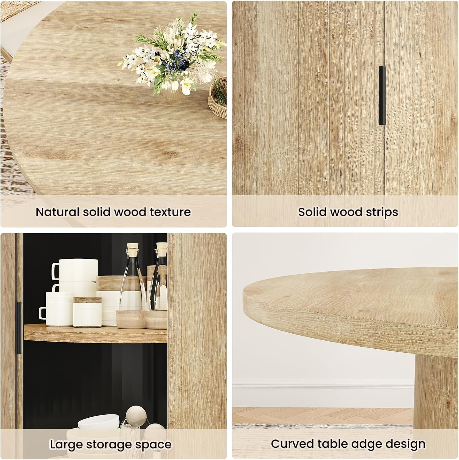 Farini 43" Round Dining Table, Modern Wood Kitchen Table with Hidden Storage & Metal Base, Seats 4, for Dining Room or Kitchen, Natural