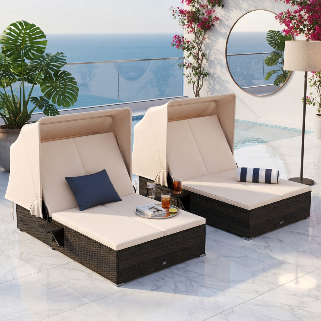 Hommoo Double Chaise Lounge with Adjustable Backrest, Retractable Canopy & Folding Side Tables, PE Rattan Patio Lounger for Backyard, Poolside & Deck, Brown