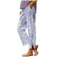 thumbnail image 3 of Pxxlle Cotton Linen Pants Women Fashion Floral Graphic Pant Casual Summer Elastic Waisted Trousers Wide Leg Lounge Pants with Pockets Purple L, 3 of 7