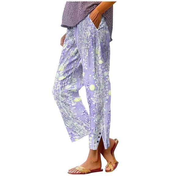LEKWK Linen Pants for Women Loose Fit Graphic Print Pattern Beach Pants Elastic Waist Side Slit Casual Pants Breathable Soft Fabric Summer Vacation