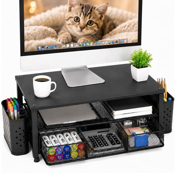 BUSATIA 2 Tier Monitor Stand Riser, Desk Organizer with Drawer and 2 Pen Holders, Printer & Laptop Stand, Office Desk Accessories & Workspace Organizers for Home Office Supplies, Black