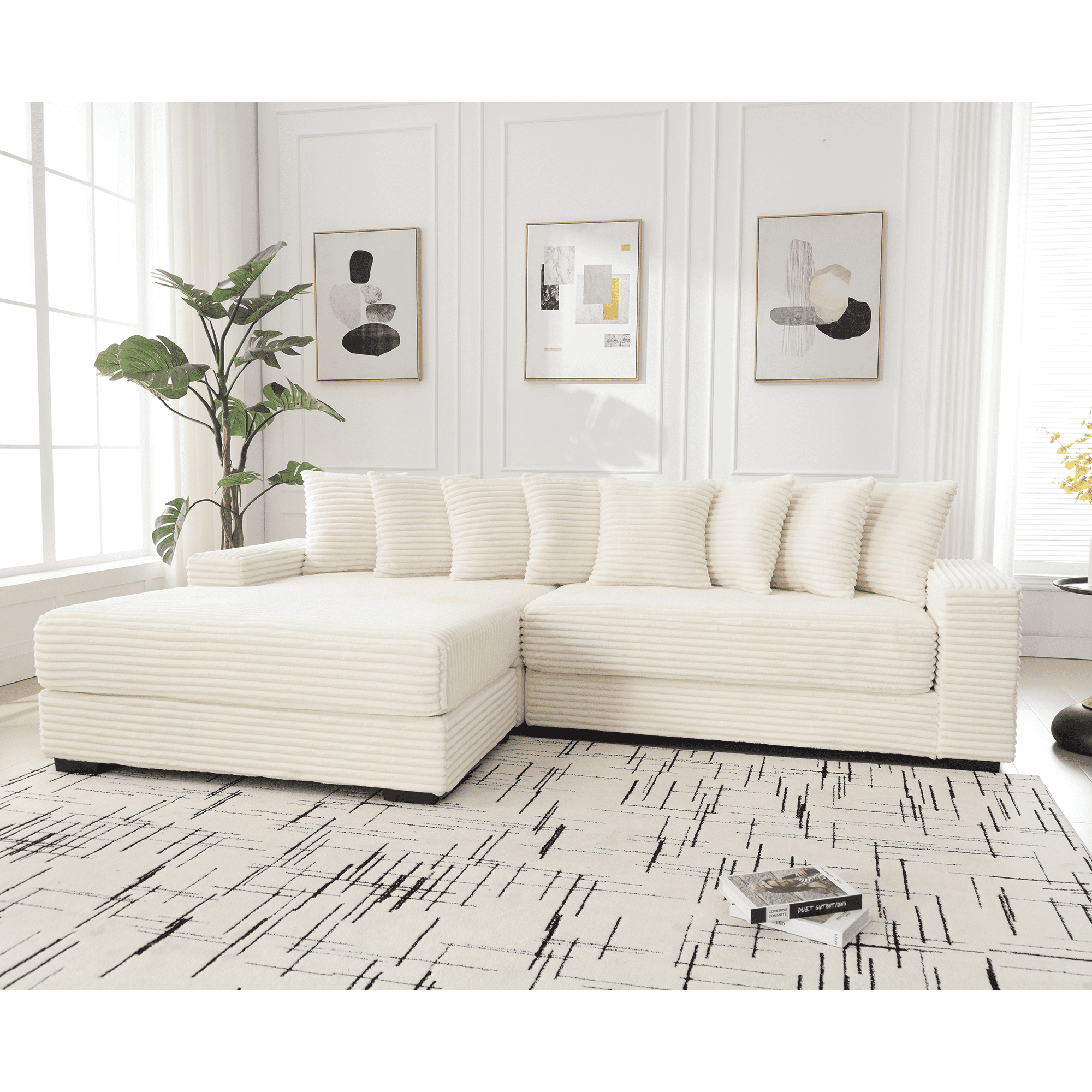 AISWORD 111" Oversized 3-Seat L-Shaped Sectional Sofa with Left Chaise, Luxury Corduroy Fabric Modular Couch with 8 Throw Pillows, Easy Assembly for Living Room
