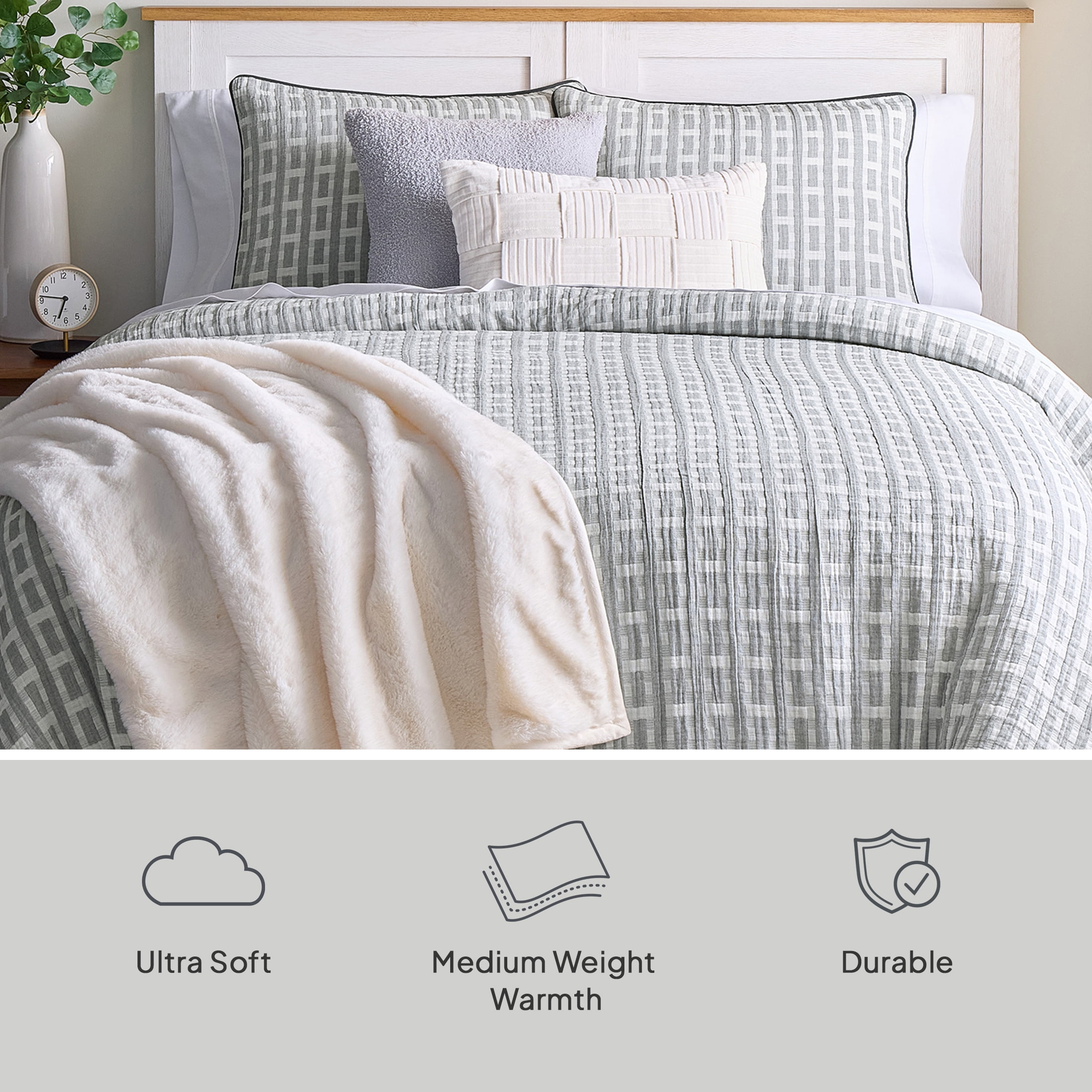 Better Homes & Gardens Full/Queen Comforter Set, All-Season, 3-Piece, Grey Basket Weave