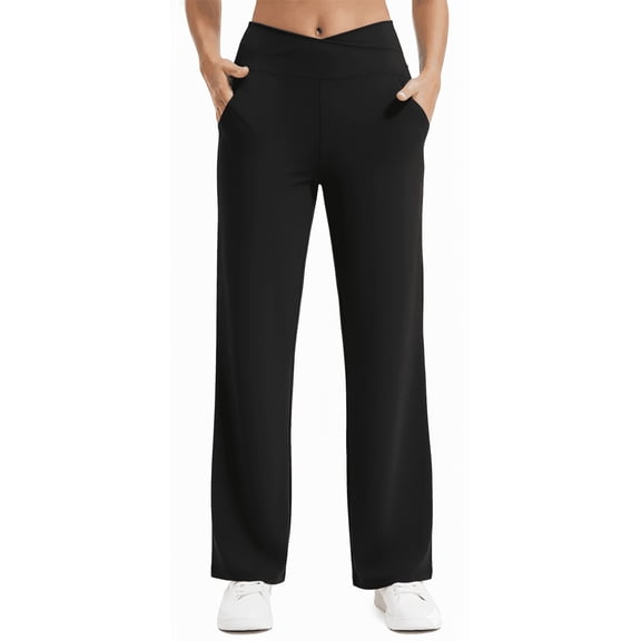 Womens Yoga Pants Wide Leg Pants Work Lounge Pants Crossover High Waisted Loose Casual with Pockets