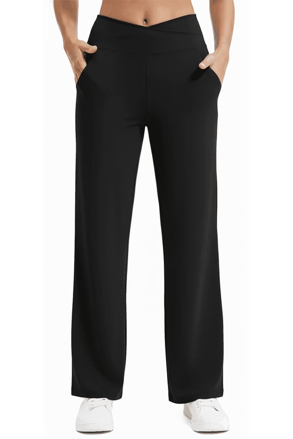 Womens Yoga Pants Wide Leg Pants Work Lounge Pants Crossover High Waisted Loose Casual with Pockets