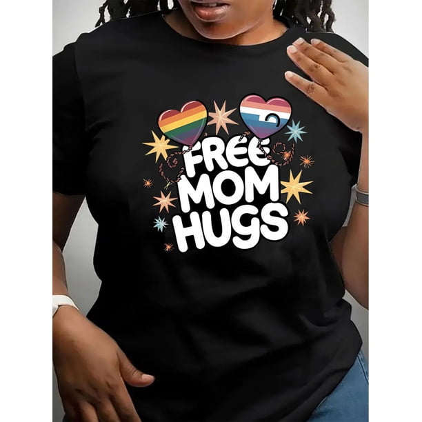 Women's Casual Polyester T-Shirt with Star and Heart Pattern, Round Neck, Medium Stretch Knit Fabric, Comfortable Summer Top for All Seasons