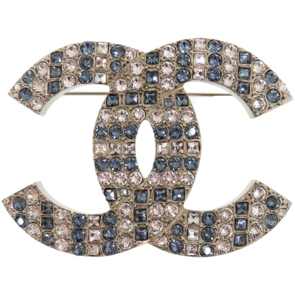 Pre-Owned Chanel Coco Mark Rhinestone Metal Silver and Blue Brooch 1673CHANEL (Good)