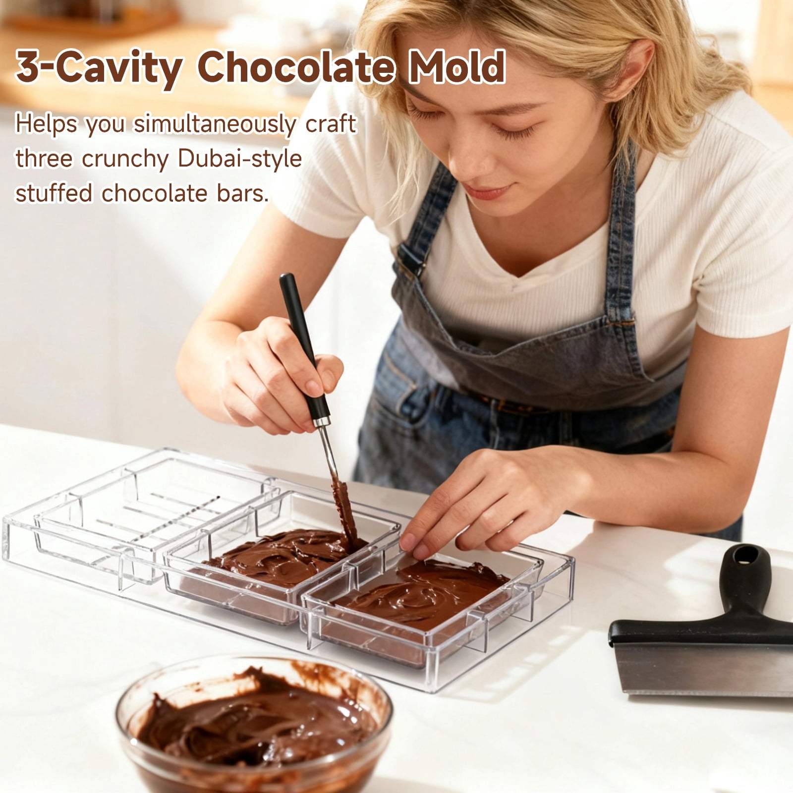 Chocolate Mold for Dubai Chocolates, 3-Cavity Deep Filled PS Mold with Spatula, Break Apart Chocolate Bar Mold, Nonstick Easy Release Candy Mold for Energy Bar, Soap