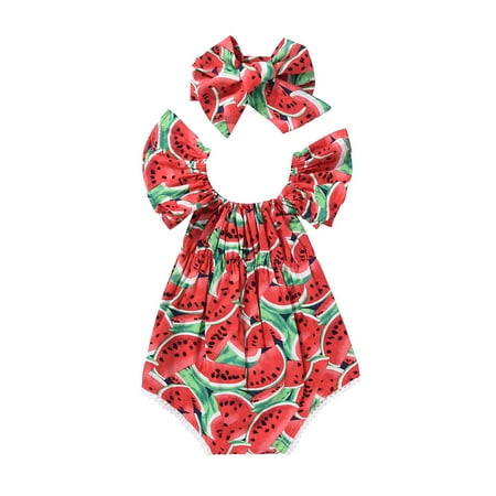 

Musuos Baby Girl Watermelon Print Ruffles Sleeveless Jumpsuit with Headband