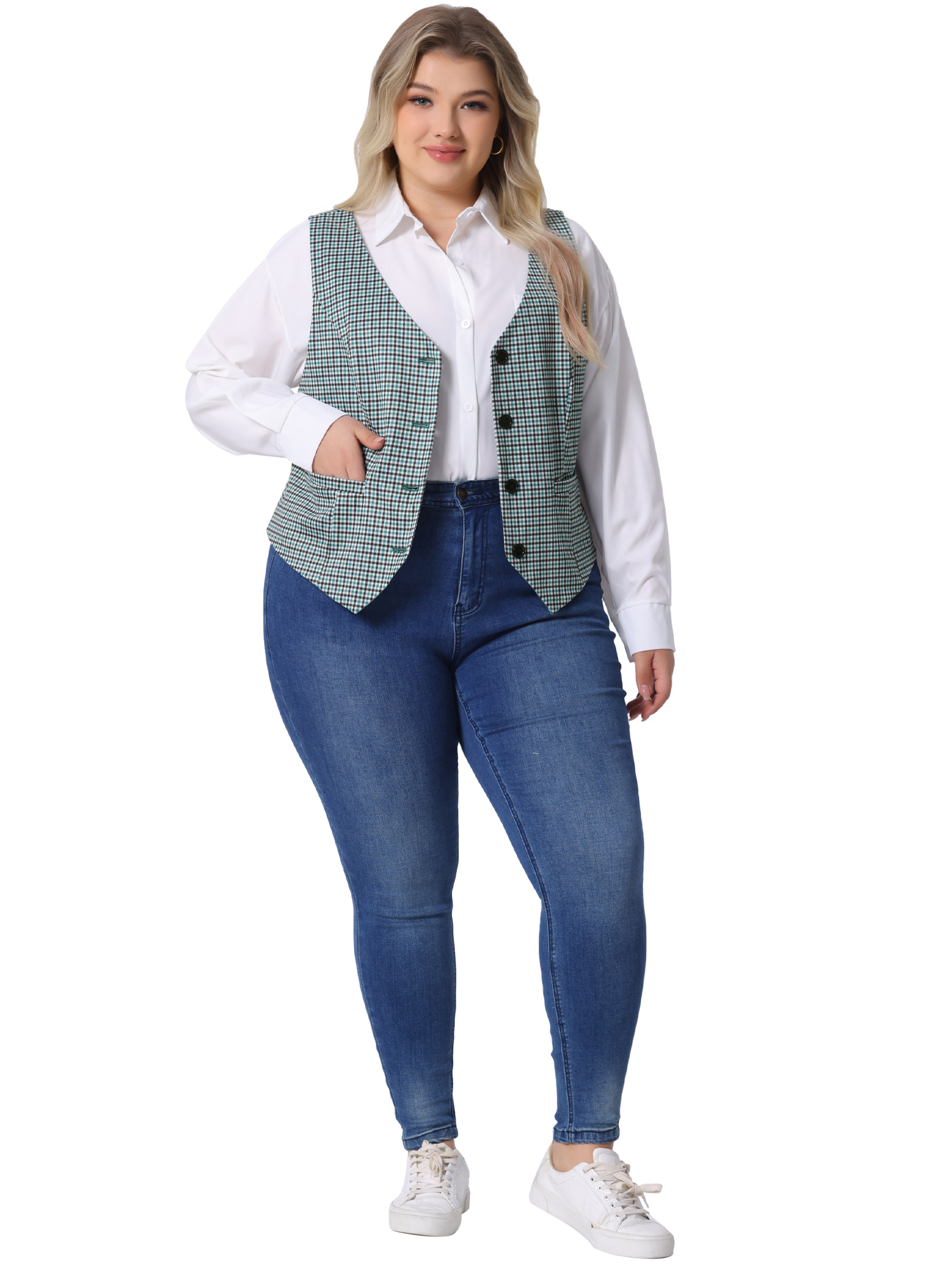 DARING DIVA Women's Plus Size Vintage Plaid Steampunk Button Vest 1X Blue Green