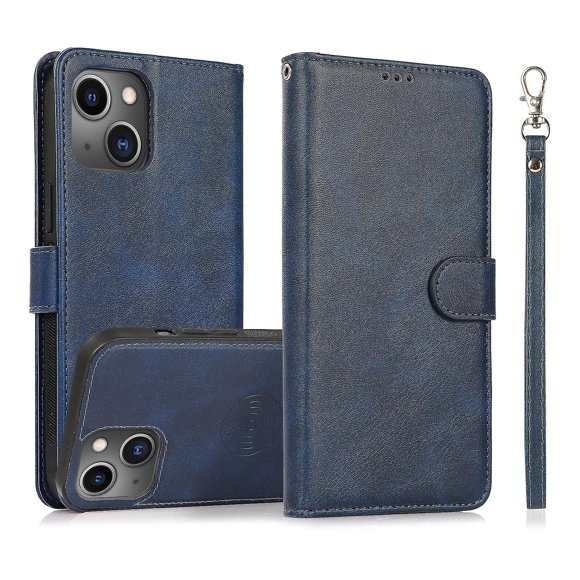 Funda tipo cartera de PU con tapa para iPhone 13, con cordón, ranuras para tarjetas, función atril, compatible con carga magnética, anticaídas y protección total.
