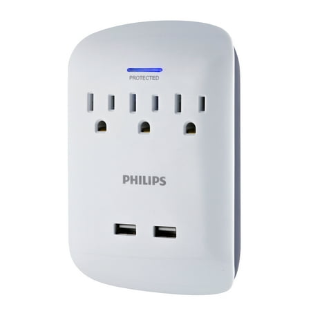Philips 3-Outlet 2-Port USB Surge Protector Wall Adapter, White,