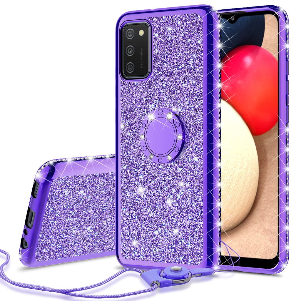 Samsung Galaxy A02s Case, Ring Kickstand for Girls Women Sparkly Glitter Phone Case Galaxy - Purple - Walmart.com