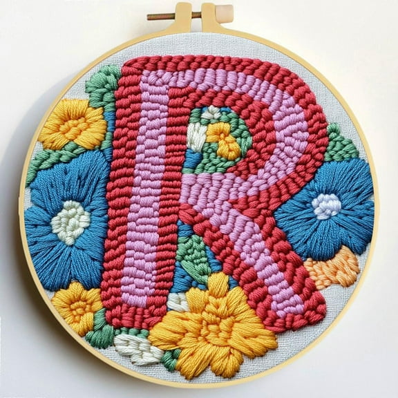 Punch Needle Kits Letter R and Flowers Embroidery Starter Set with Hoop Easy for Beginners DIY Stress Relief Handmade Craft Hobby and Home Decor 20x20cm-1