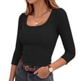 thumbnail image 2 of Hurxie Womens 3/4 Sleeve Scoop Neck Top Ribbed Knit Slim Fitted Casual Basic Tee Shirts Trendy Work T-Shirt Outfits Black,M, 2 of 7