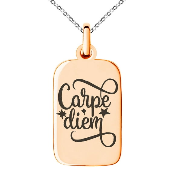 Stainless Steel Carpe Diem Engraved Small Rectangle Dog Tag Charm Pendant Necklace