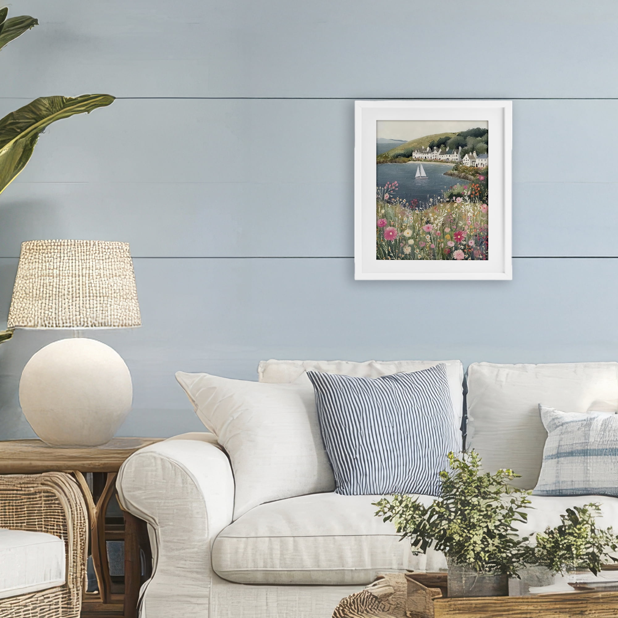 Stupell Industries Clifftop Meadow & Sailboat White Framed Print Under Glass, design by Riley B