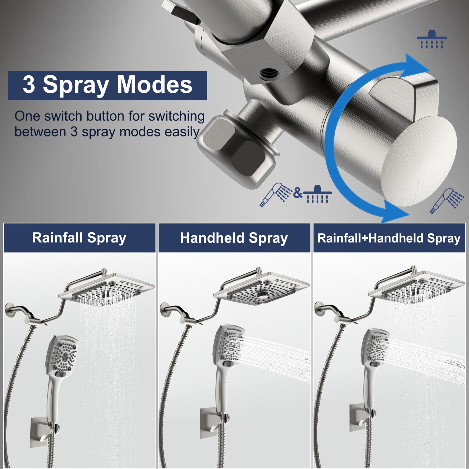 AUKTOPT Rainfall 5-Modes Spary 10 Inch Wall-Mount Showerhead Handheld Shower, Shower Head Combo with 60 Inch Hose, Extension Arm, Brushed Nickel