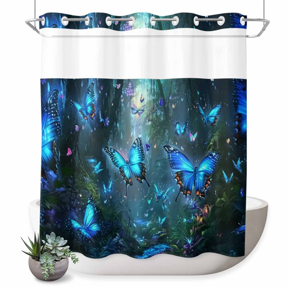 No Hook Shower Curtain, Blue Butterfly Shower Curtains for Bathroom with See Through Top Window, Forest Modern Art Butterflies Waterproof & Washable Bath Curtain Standard 72"x72"
