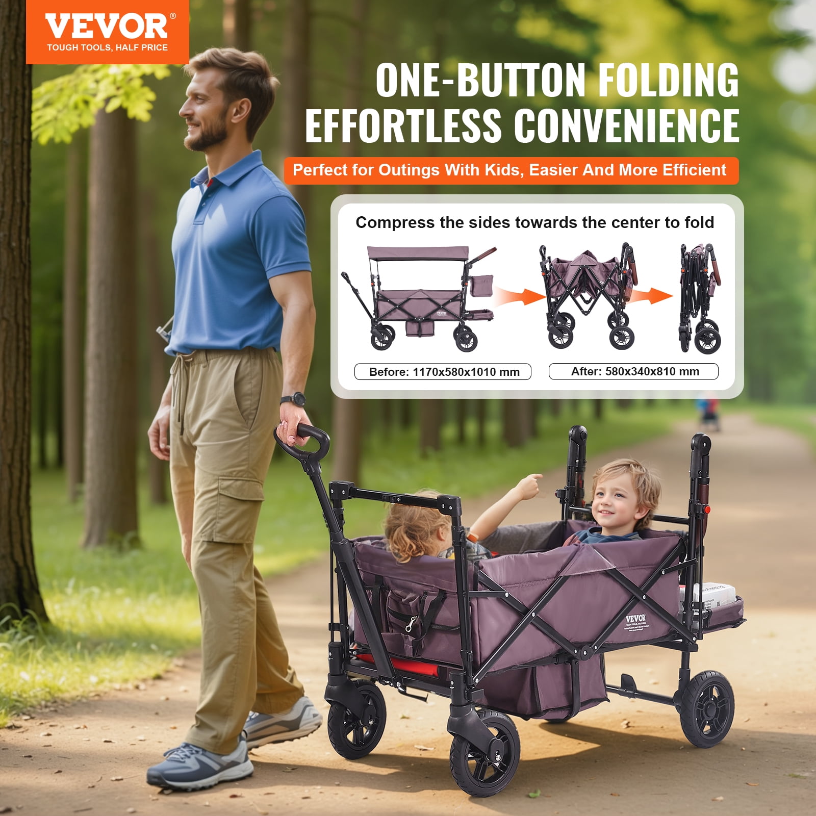 VEVOR Wagon Stroller for 2 Kids, Push Pull Quad Collapsible Stroller with Adjustable Handle, Encircling Harness Removable Canopy,4 Wheels w/Brakes,Mutifunction Tandem Stroller for Camping Dark Purple