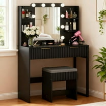 Zimtown Modern Makeup Vanity Table Set with LED Lights , Mirror and Charging Station, Dressing Desk with 2 Drawers for Bedroom, Black