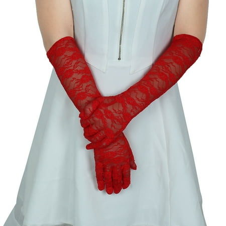Adult Women Lace Full Finger Mittens Outdoor Sun Resistant Long Gloves Red Pair