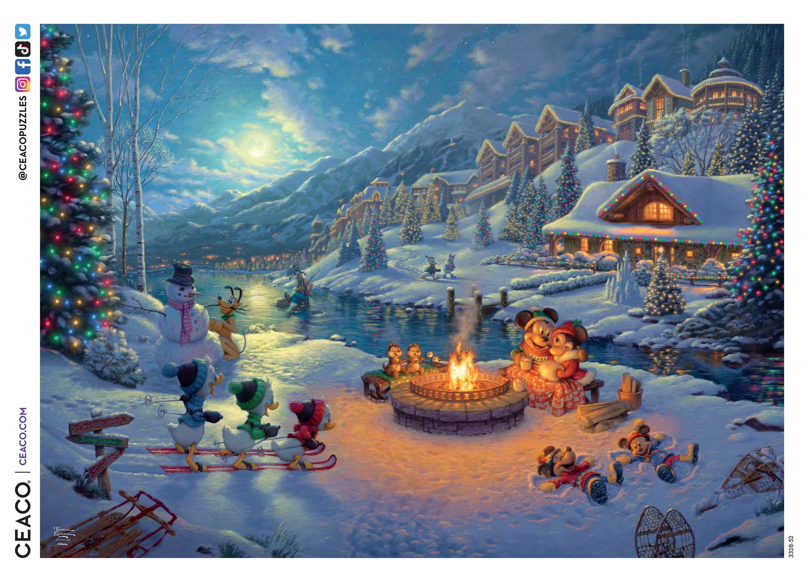Ceaco Thomas Kinkade Mickey and Minnie Christmas Lodge 1000-Piece Interlocking Jigsaw Puzzle for Adults Ages 14+