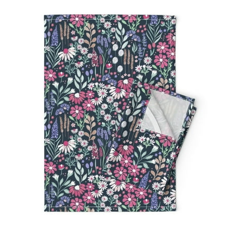 

Printed Tea Towel Linen Cotton Canvas - Navy Botanical Daisies Flower Garden Nature Flower Print Decorative Kitchen Towel by Spoonflower