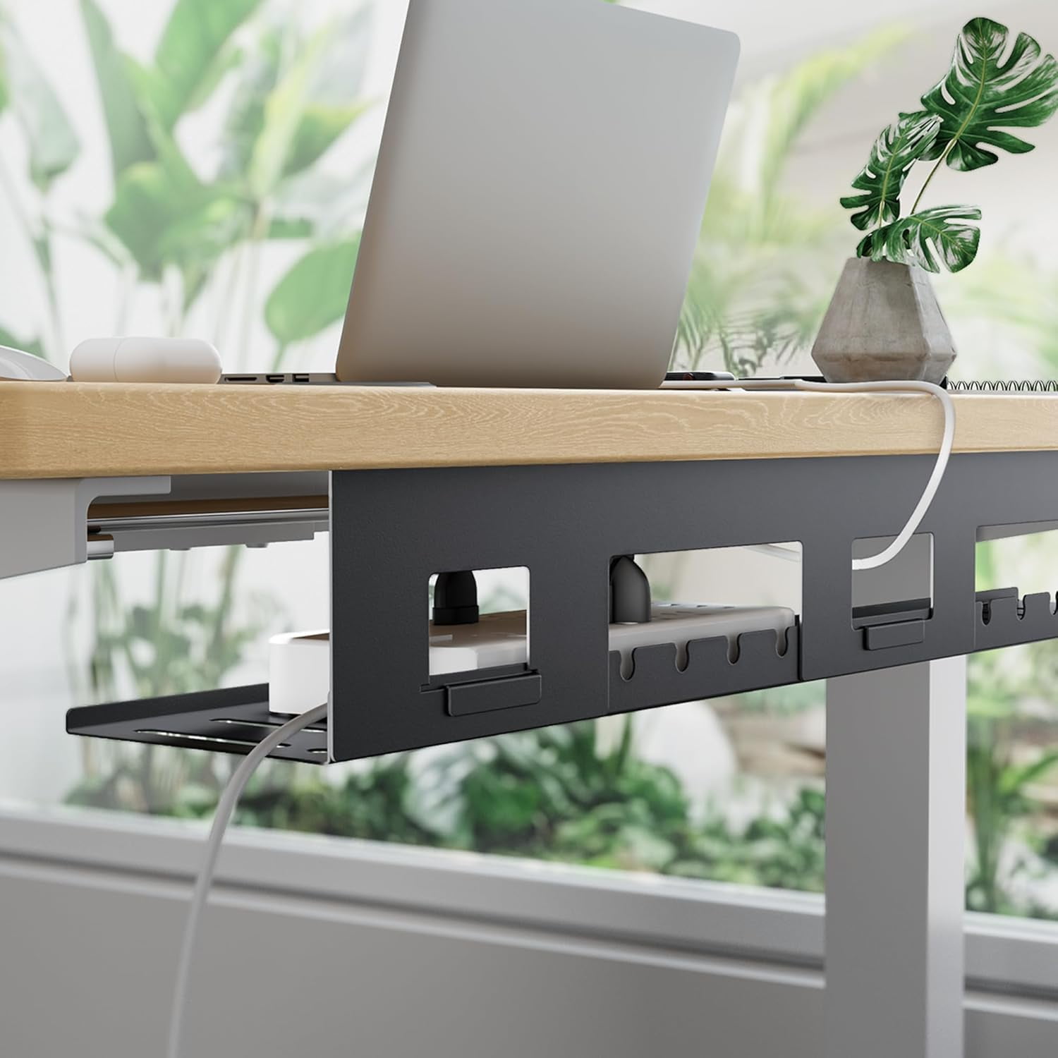 Under Desk Cable Management Tray, 31.5" Metal Cord Organizer Rack for Power Strips, Wires & Chargers, Easy Mounting Desk Tray for Home Office, Black